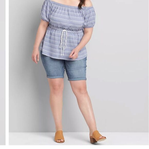Lane Bryant Womens 14/16 chambray off the shoulder peplum drawstring waist top - Picture 8 of 8